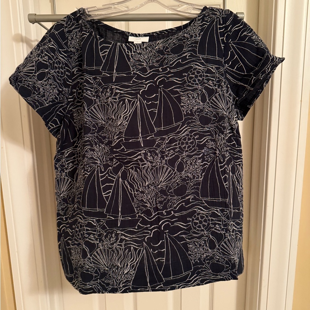 J. Jill Womens Navy White Sailboat Gauze Top Size Medium EUC